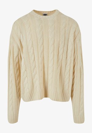 Kreminės spalvos megztinis su įviju, apvaliu kaklu, ir elastinėmis rankovėmis bei apačia. Pagamintas iš minkštos, tekstūruotos medžiagos.