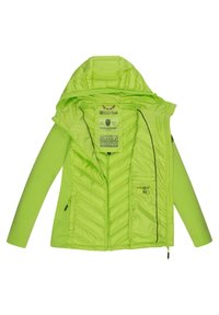 Lime green insulated jacket with a hood, featuring a slick design, textured lining, and side pockets. Includes branding and care tag details.