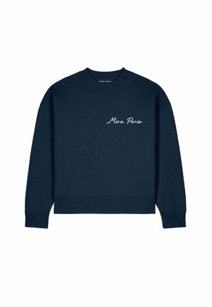 Felpa blu navy a maniche lunghe con "Mira Paris" scritto in corsivo bianco sul petto sinistro, con polsini e orlo a coste.