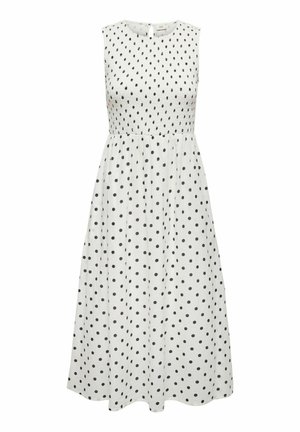 Αμάνικο λευκό midi φόρεμα με μαύρες πουά, εφαρμοστό κορσέ με σούρες και φουσκωτή φούστα.