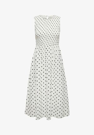 Biele midi šaty bez rukávov s čiernymi bodkami, priliehavé vyrazené korzetové telo a rozšírená sukňa.