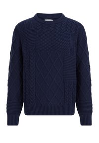 Navy blue knit sweater with mixed cable and diamond patterns, ribbed cuffs and hem, and a round neckline.
