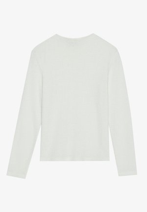 Sweater branco de manga longa com um padrão de malha texturizado. Apresenta um decote redondo e uma bainha reta. Tecido suave e leve.