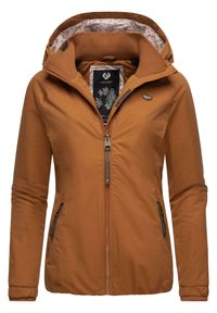 Brązowa ocieplana kurtka z zapięciem na zamek, z kapturem i kwiatowym podszyciem. Zawiera boczne kieszenie i mały detal z logo.