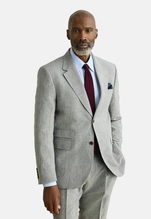 Man with gray beard wearing gray checkered suit, light blue shirt, dark red tie, and dark blue pocket square, standing with one hand in pocket.