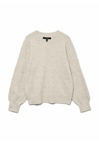 Maglione beige chiaro realizzato in morbido tessuto a maglia. Presenta un collo rotondo, maniche lunghe e una texture a bobble in rilievo su tutta la parte frontale e le maniche.