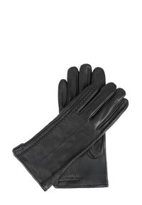Guanti in pelle nera con una texture liscia, caratterizzati da dettagli cuciti lungo i bordi e un design aderente per una copertura calda delle mani.