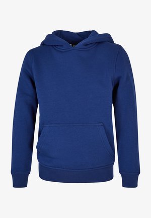 Hoodie en coton bleu avec une poche kangourou, des poignets et un ourlet côtelés, et une capuche avec cordon de serrage. Texture lisse avec un design uni.