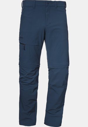 Navy blue zip-off hiking pants made of lightweight fabric, featuring cargo pocket, adjustable cuffs, and a smooth texture.