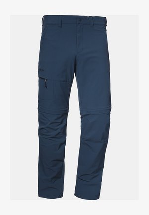 Marineblaue zip-off Wanderhosen aus leichtem Material, mit Cargo-Tasche, verstellbaren Bündchen und glatter Textur.