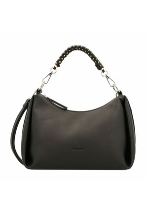 Black leather handbag with a smooth texture, curved shape, braided handle, and silver hardware. Includes a detachable shoulder strap.