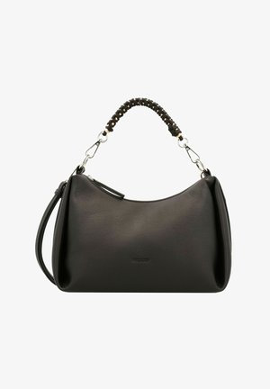 Zwarte leren handtas met een gladde textuur, gebogen vorm, gevlochten handvat en zilveren hardware. Inclusief een afneembare schouderriem.