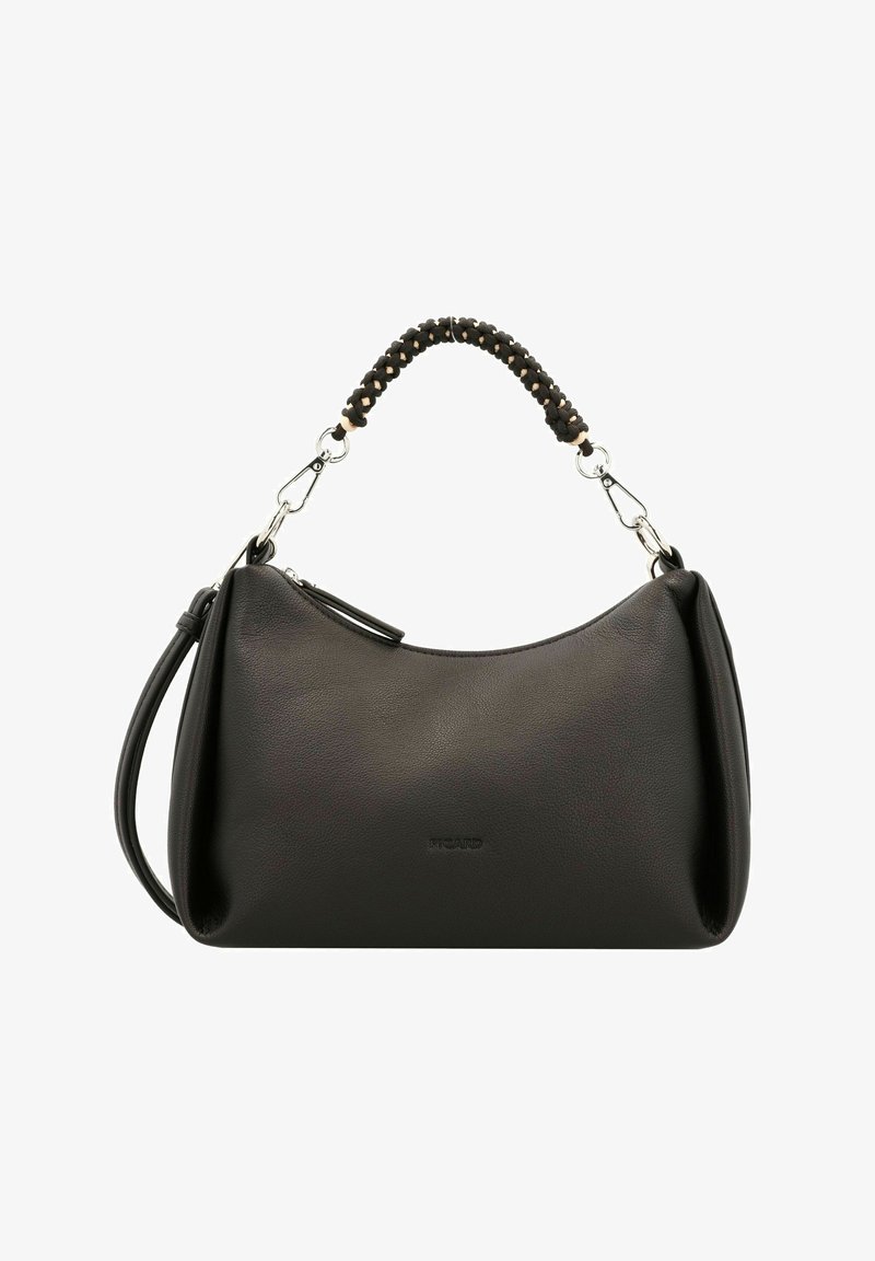 Sac à main en cuir noir à texture lisse, forme incurvée, poignée tressée et ferrures argentées. Comprend une bandoulière amovible.