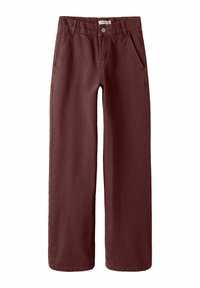 Pantaloni larghi bordeaux realizzati in cotone morbido, dotati di due tasche laterali, chiusura con bottone e design senza cuciture.