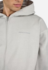 Sudadera de cremallera gris claro hecha de tela suave, con un bolsillo canguro y un logo bordado en el pecho, de corte relajado y capucha ajustable.