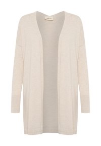 Cárdigan de color beige claro, hecho de material de punto suave. Diseño de apertura frontal con mangas largas y puños acanalados. Sin cierres. Ajuste casual.
