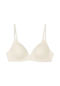 Beige gevoerde bh met dunne verstelbare bandjes, een gladde stoftextuur en een klassieke driehoekige cupvorm. Geen versieringen of patronen.