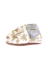 Chaussures pour bébé en cuir doux avec un motif floral beige et une broderie de pastèque rose. Elles présentent une doublure élastique grise autour de la cheville et une semelle marron.