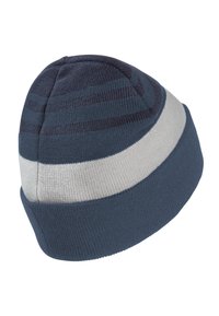 Berretto invernale lavorato a maglia con strisce orizzontali blu navy, blu e grigio chiaro e bordo ripiegato.