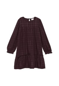 Langärmliges, dunkelpflaumenfarbenes Kleid mit Karomuster, gerafftem Saum und Knopfverschluss hinten. Hergestellt aus leichtem, strukturiertem Stoff.