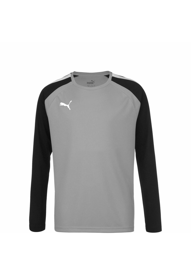 Langärmliges Sportshirt mit grauem Oberteil und schwarzen Ärmeln. Verfügt über ein weißes Puma-Logo auf der Brust und ein Rundhalsausschnitt-Design.