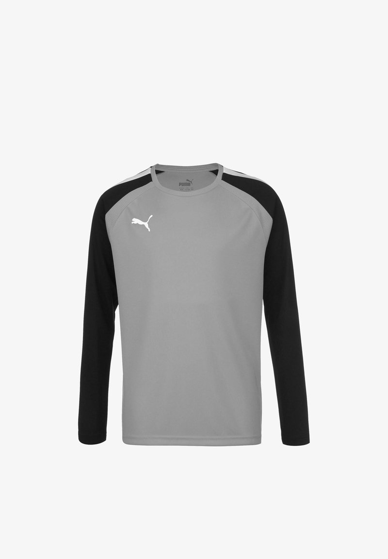 Langärmliges Sportshirt mit grauem Oberteil und schwarzen Ärmeln. Verfügt über ein weißes Puma-Logo auf der Brust und ein Rundhalsausschnitt-Design.