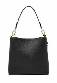 Schwarze Leder-Umhängetasche mit strukturiertem Finish, klarer Form und Akzenten in goldfarbener Hardware am Tragegurt.