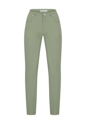 Pantaloni leggeri verdi con vestibilità slim, dotati di tasche frontali, cerniera frontale e un'etichetta con logo in vita.