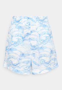 Calções leves com um cós elástico, apresentando um padrão de aguarela azul e branco. O tecido parece suave com uma textura sutil.