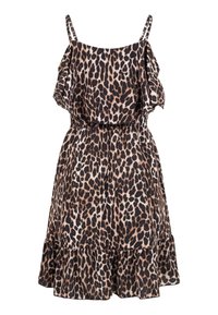 Robe sans manches imprimé léopard avec bretelles fines réglables, volant sur le corsage, taille élastique et ourlet de jupe évasé.