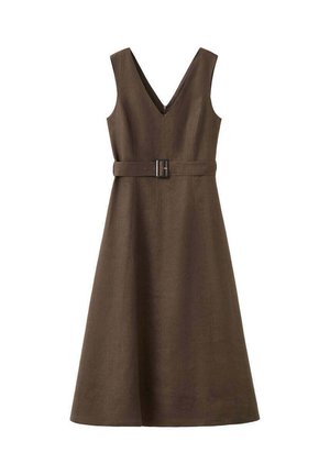 Vestido midi marrón sin mangas con escote en V y cinturón a juego con hebilla rectangular en la cintura.