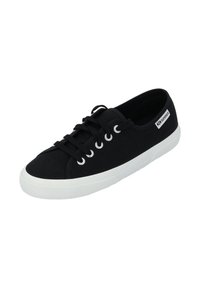 Black canvas sneaker featuring round toe, white rubber sole, six metallic eyelets, and black laces. Branding displayed on the side.