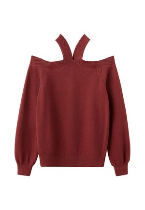 Long-sleeve knitted burgundy sweater with off-the-shoulder cut and two shoulder straps on a white background.