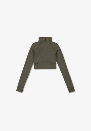 Felpa corta verde oliva con collo alto e zip quarti. Presenta maniche lunghe e un design aderente. Dettaglio logo discreto sul petto.