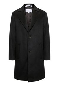 Cappotto in misto lana per uomo, di colore nero, con rever a forma di notchy, due bottoni davanti e due tasche laterali, taglia large.