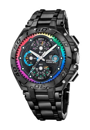 Schwarze Metall-Chronograph-Armbanduhr mit regenbogenfarbenem Lünettenring, drei Totalisatoren, Datumsanzeige und leuchtenden Zeigern an einem Gliederarmband.
