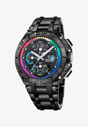 Orologio cronografo da polso in metallo nero con lunetta arcobaleno, tre quadranti secondari, indicatore della data e lancette luminose su bracciale con maglie.