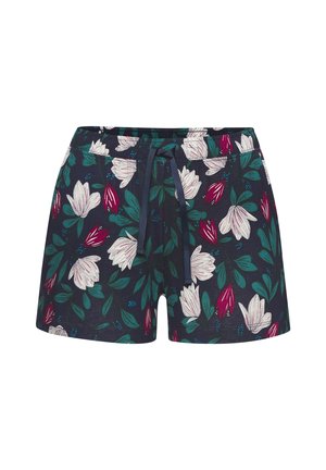 Pantalones cortos florales con fondo navy, que presentan un patrón de flores blancas y burdeos, además de hojas verdes. Cintura elástica con cordón.