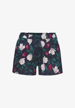 Pantaloni corti floreali con sfondo blu navy, caratterizzati da motivi di fiori bianchi e borgogna e foglie verdi. Vita elastica con cordino.