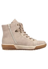 Baskets décontractées hautes beiges avec semelle en caoutchouc texturée, fermeture éclair latérale et lacets à motif, présentées de profil sur fond blanc.