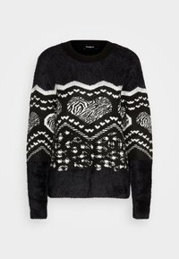 Schwarzer und weißer, flauschiger Pullover mit Zickzack- und Herzmustern, geripptem Kragen und Bündchen sowie einer strukturierten Oberfläche.