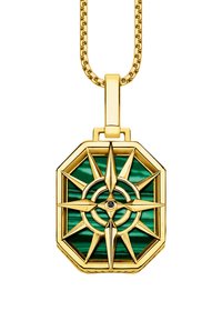 Goldener Kompassanhänger mit Malachiteinlage. Er hat eine achteckige Form, ein Sternstrahl-Design und einen einzelnen schwarzen Akzent in der Mitte.