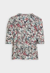 Blusa a maniche corte con stampa floreale su fondo chiaro, caratterizzata da motivi paisley in tonalità di rosso, blu e verde, con dettagli arricciati.