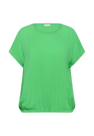 Helles grünfarbenes Kurzarm-Top mit rundem Ausschnitt und elastischem Saum, auf weißem Hintergrund dargestellt.