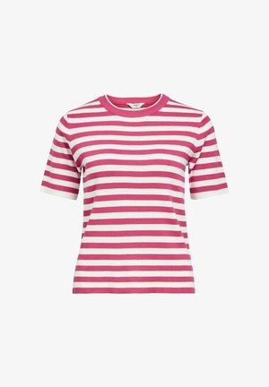 Rózsaszín és fehér csíkos, rövid ujjú póló, kerek nyakkivágással, bordás anyagból készült. Egyenletes csíkokkal és laza szabással rendelkezik.