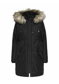 Černá parka s kapucí z umělé kožešiny, zapínání na knoflíky, dvě boční kapsy a elastický pas pro přiléhavý vzhled.