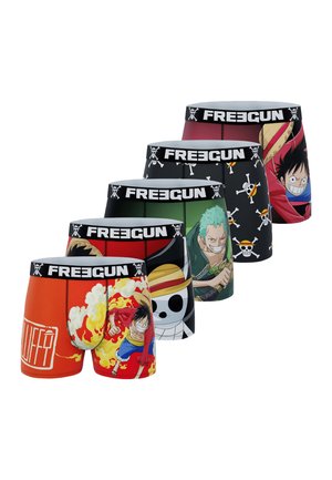 Cinq paires de boxers de la marque Freegun avec des motifs colorés de personnages de l'anime One Piece, disposées en rangée décalée.