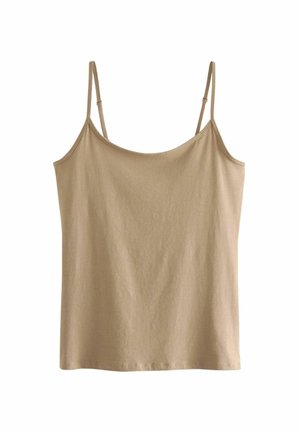 Beige, lightweight camisole top with thin straps and a relaxed fit. Smooth texture, simple design, and a straight hemline.