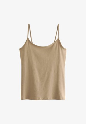 Débardeur beige léger avec des bretelles fines et une coupe décontractée. Texture lisse, design simple et ourlet droit.