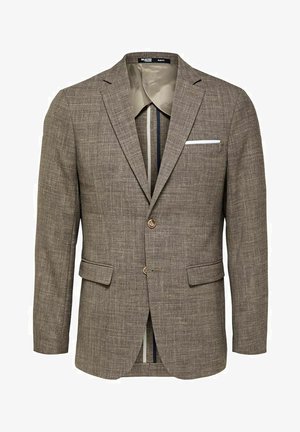 Brown linen blazer with a textured finish, single button closure, notch lapels, and two front pockets. Features a contrasting inner lining.